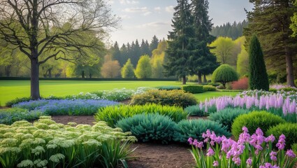 Obraz premium Lush garden landscape featuring vibrant flowers and greenery under soft sunlight with trees in the background and ample copy space.