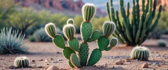 Desert landscape featuring various types of cacti including prickly pear and barrel cacti in natural setting with sunlight and soft shadows Copy Space