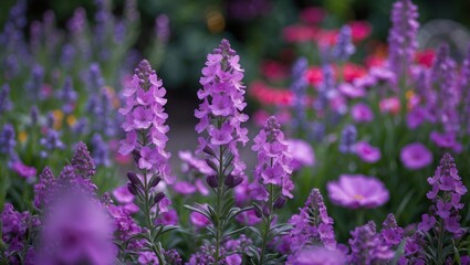 Obraz premium Purple flowering plants in a vibrant garden setting with blurred background, ideal for nature and gardening themes, Copy Space available