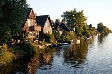 Obraz premium Houses line a calm canal for vacationers; water reflects trees, boats pass