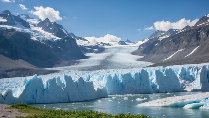 Fototapeta premium Glacier landscape with icy formations and snow-capped mountains under a clear blue sky with reflection in water and green vegetation in foreground Copy Space
