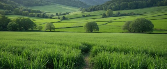Lush green countryside landscape with rolling hills and trees under a clear sky path through the grass Copy Space