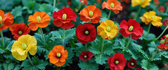 Colorful flower garden with vibrant red orange yellow flowers and green leaves in sunny daylight environment, Copy Space