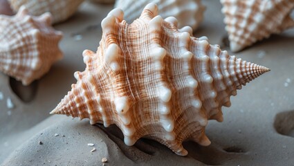Detailed close-up of a large seashell with intricate textures and patterns on a sandy beach background, natural lighting, Copy Space