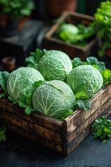Fototapeta premium Fresh green cabbage heads in rustic wooden box with greenery