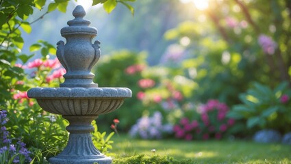 Garden fountain surrounded by vibrant flowers and greenery in soft sunlight with blurred background and ample copy space for text