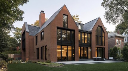Fototapeta premium Elegant Modern Design in Traditional Brick Architecture with Expansive Glass