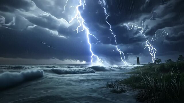 Llightning strike over rough sea