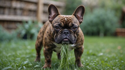 Fototapeta premium French Bulldog with brindle coat standing in grass holding a piece of grass in its mouth, outdoor garden setting, Copy Space