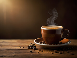 Create a warm and inviting image of a steaming hot cup of coffee situated on a rustic wooden table, surrounded by a few scattered coffee beans and a subtle drizzle of coffee grounds, with a soft, gold
