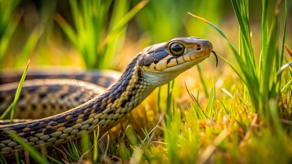 Obraz premium Close-Up of Brown and Yellow Snake in Green Grass at Sunset