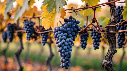Fototapeta premium Vineyard with ripe purple grapes hanging from the vine surrounded by autumn leaves and blurred background Copy Space