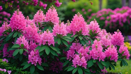 Vibrant pink rhododendron flowers in full bloom surrounded by lush green foliage in a garden setting with Copy Space