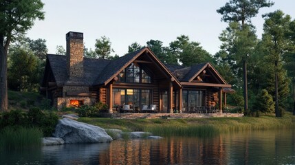 Obraz premium A lakeside cabin retreat with rustic charm, offering panoramic views of the lake and surrounding forest