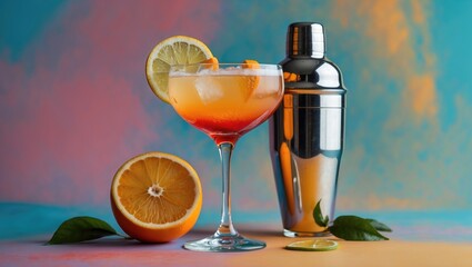 Cocktail glass with vibrant orange drink garnished with lemon, fresh oranges and a shaker on colorful background with Copy Space