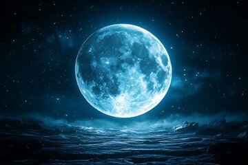 A luminous blue moon illuminates a serene landscape under a starry night sky