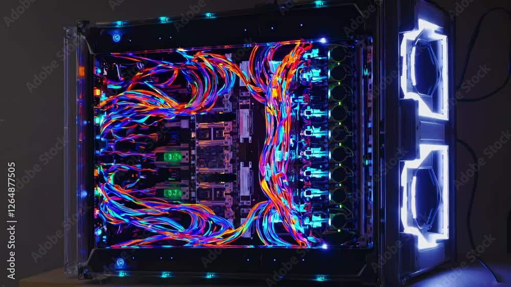 Poster colorful network cables illuminate a data center with vibrant lights and intricate connections