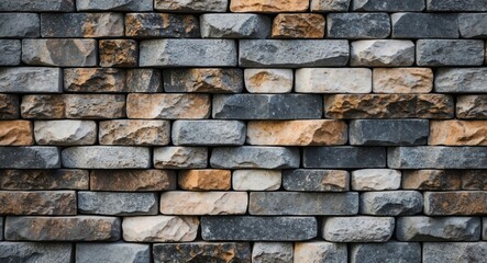 Obraz premium Textured wall of unevenly arranged stone bricks in gray and beige tones suitable for background or architectural design Copy Space