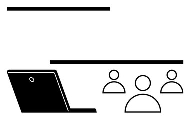 Open laptop facing three abstract human icons in a sleek, minimal design. Ideal for teamwork, collaboration, video conferencing, remote work, online learning, business communication, abstract line