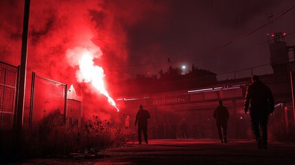 Burning red flare, flame, football hooligan