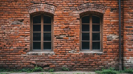 Brick wall with two arched windows in an old building showing weathered texture and green grass in front Copy Space