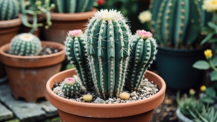 Colorful cacti arrangement in terracotta pots with green leaves and flowers in greenhouse setting Copy Space