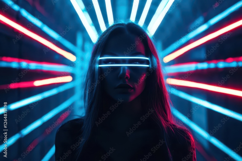 Wall mural neon tunnel with electric blue light trails creating infinite perspective, dynamic motion blur and s