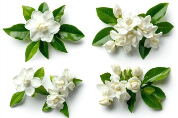 Obraz premium Four fresh gardenia flower arrangements with green leaves lie on a white surface