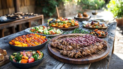 Fototapeta premium Middle eastern, arabic or mediterranean dinner table with grilled lamb kebab, chicken skewers with roasted vegetables and appetizers variety serving on rustic outdoor table. Overhead view.