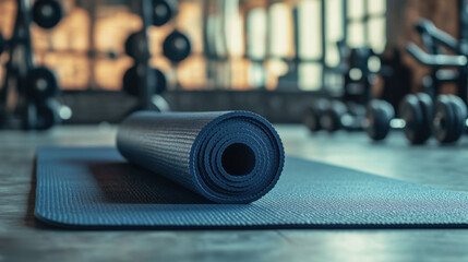 Thick yoga mat in a navy blue tone, lying on a gym floor with blurred weights and kettlebells around.