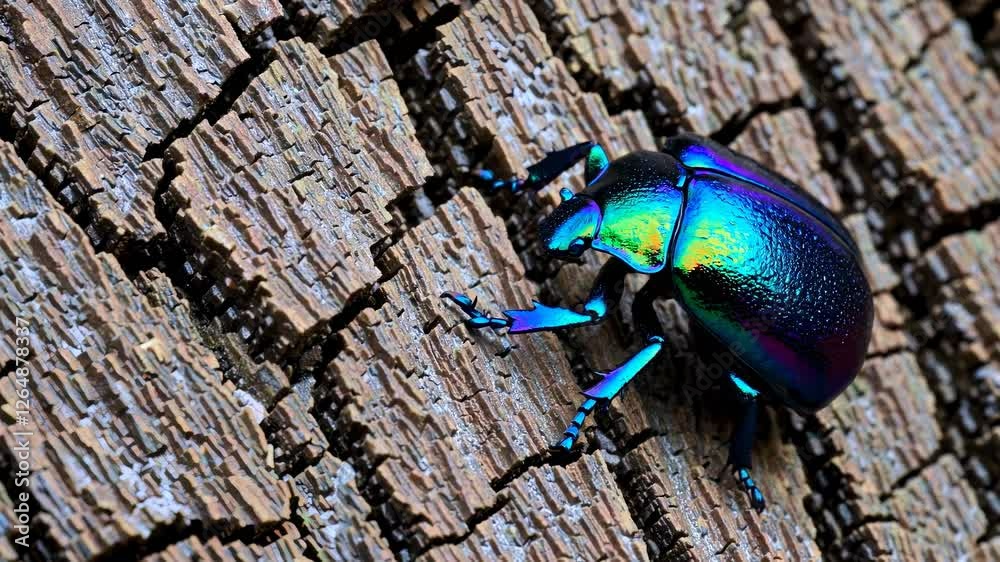 Poster Vibrant beetle explores rough tree bark in a forest setting during daylight hours