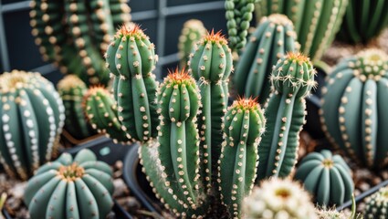Variety of cacti plants with spines and vibrant flowering tops in garden pots with green foliage, Copy Space