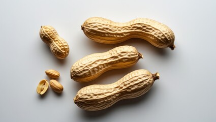 Fresh unshelled and shelled peanuts arranged on a light background with ample copy space for text insertion