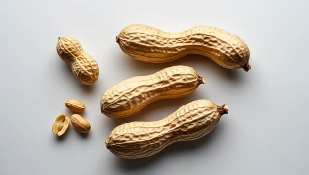 Fresh unshelled and shelled peanuts arranged on a light background with ample copy space for text insertion