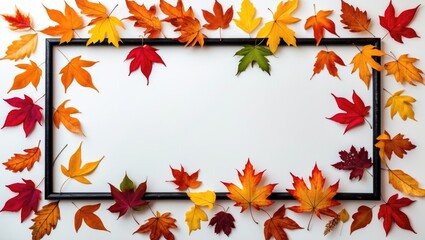 Colorful autumn leaves arranged around a blank frame on a white background with copy space for text insertion