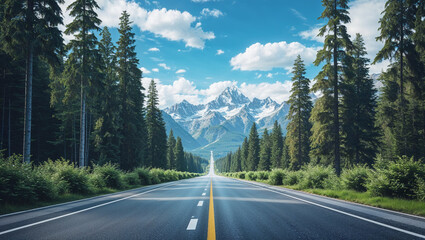 Naklejka premium Scenic Mountain Highway Through a Dense Forest scattered clouds, and vibrant greenery create a serene and picturesque landscape, ideal for road trips, adventure travel, and nature exploration