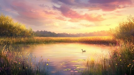 Obraz premium A large, tranquil pond surrounded by tall grasses and wildflowers, the still water reflecting the vibrant colors of the sky.