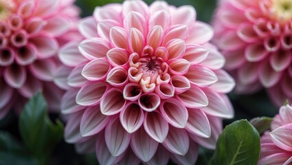 Fototapeta premium Close-up of pink dahlia flower with layered petals and green foliage background featuring copy space for text.