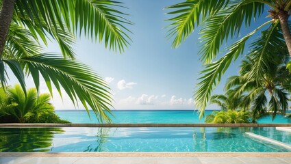 Fototapeta premium Tropical poolside view with palm trees overlooking a serene ocean and clear blue sky Copy Space