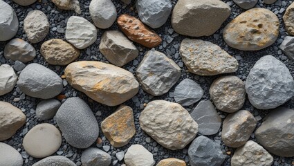 Various textured stones and pebbles arranged on a dark background with natural colors and patterns Copy Space