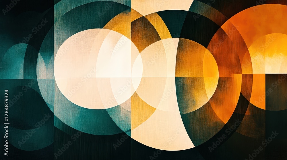 Poster a layered design with overlapping circles and squares, each shape varying in opacity and size, resul