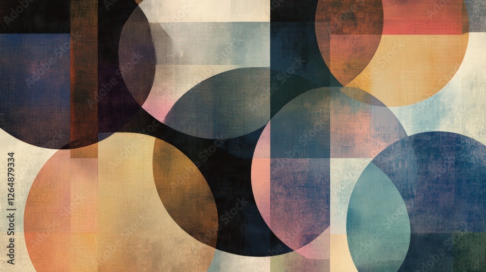 Poster a layered design with overlapping circles and squares, each shape varying in opacity and size, resul