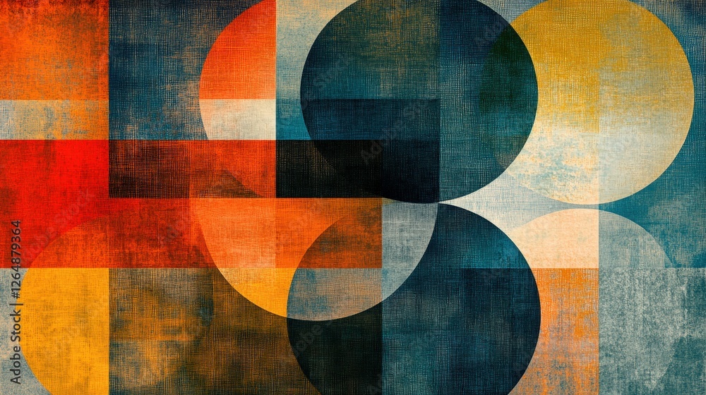 Poster a layered design with overlapping circles and squares, each shape varying in opacity and size, resul