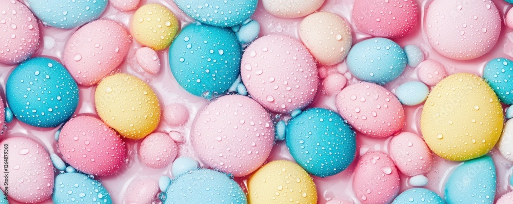 Poster colorful smooth pebbles with water droplets on a soft pink background for decorative and background 