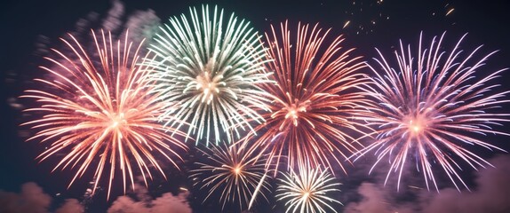 Naklejka premium Colorful fireworks display at night with various shapes and patterns in the sky Copy Space