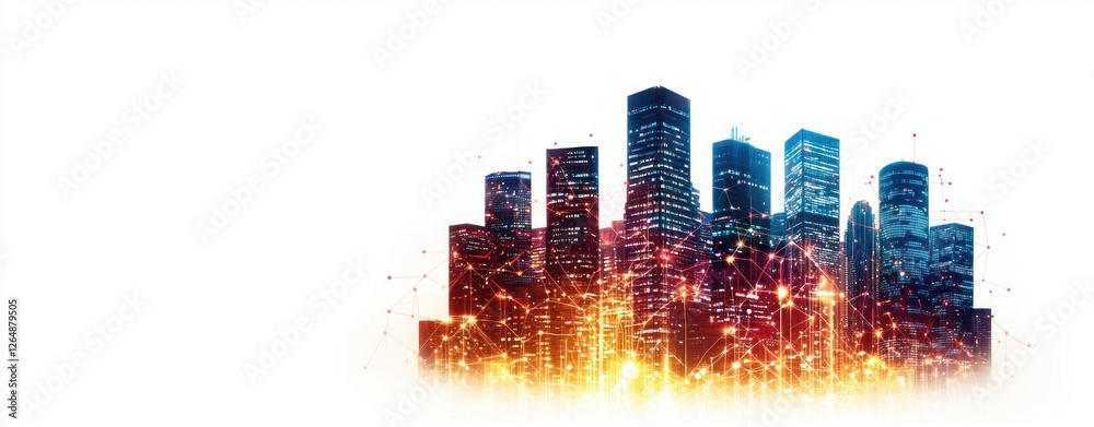 Poster vibrant city skyline illustration with dynamic digital connections and abstract sparkles at dusk