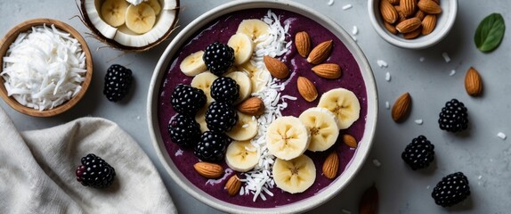 Healthy smoothie bowl topped with banana slices, blackberries, almonds, and coconut flakes on a light gray background with copy space