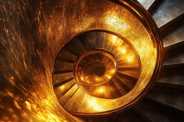 Fototapeta premium opulent spiral staircase bathed in golden light rays, metallic surfaces reflecting warm illumination, luxurious ceremonial atmosphere