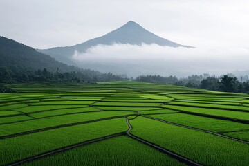 Obraz premium Lush verdant organic rice paddies stretching across a rolling terraced landscape with a misty ethereal mountain backdrop in a serene picturesque rural setting