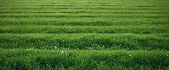Green grass field with linear patterns and small white flowers natural landscape with clear textures and detailed foreground Copy Space